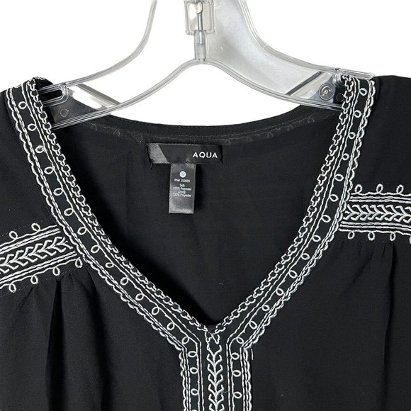 Aqua - Boho Black White Embroidered Long Sheer Sleeve Peasant Top Blouse Small - Picture 3 of 6